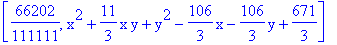 [66202/111111, x^2+11/3*x*y+y^2-106/3*x-106/3*y+671/3]